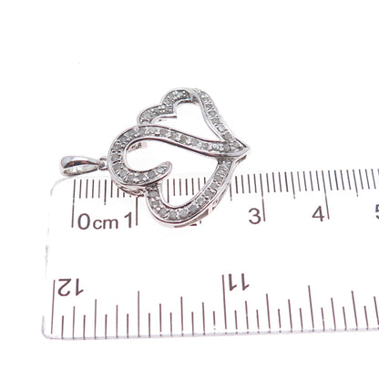 925 Sterling Silver Real Round-Cut Diamond Couple Heart Charm Pendant