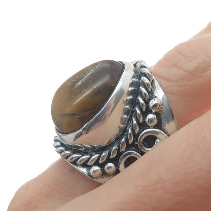 925 Sterling Silver Vintage Pear-Cut Tiger Eye Heart Oxidized Ring Size 8.75