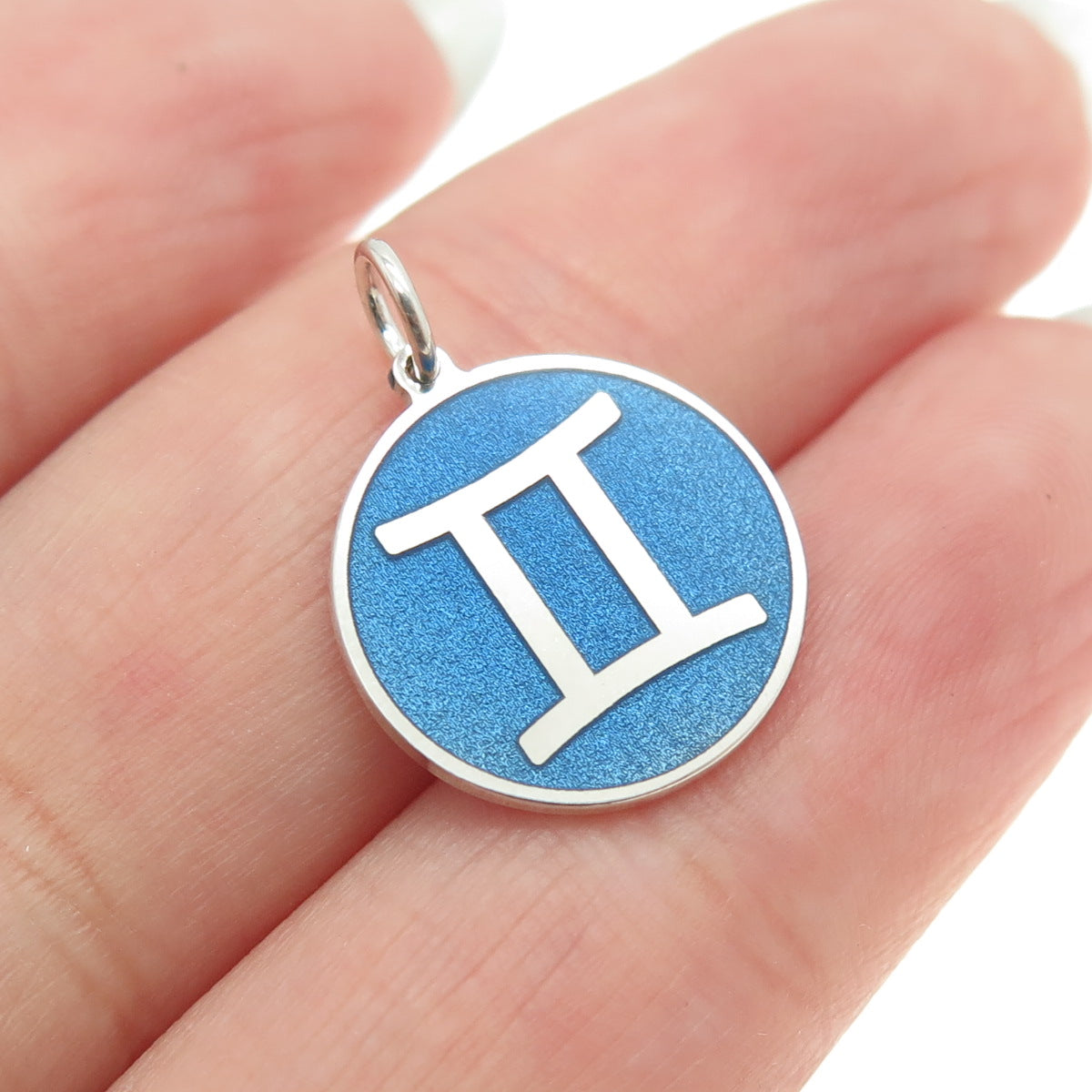 925 Sterling Silver Blue Enamel Gemini Zodiac Round Tag Minimalist Charm Pendant