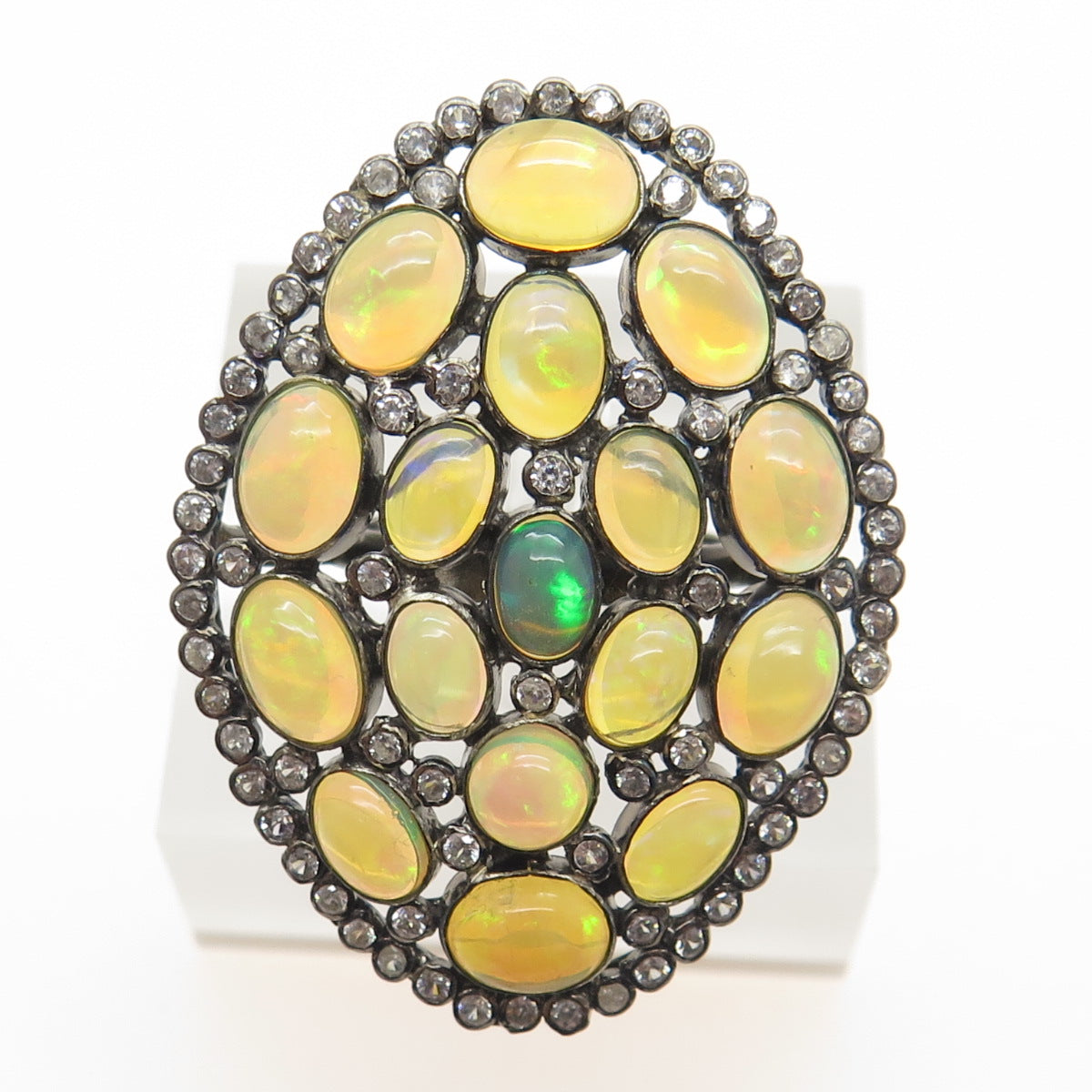 925 Sterling Silver Black Rhodium Real Opal & White Topaz Cluster Ring Size 6.75