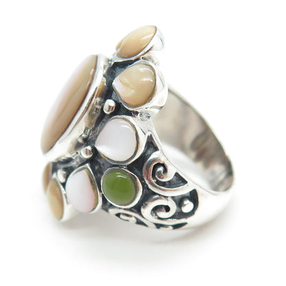 925 Sterling Silver Real Multi-Color MOP & Jade Statement Ring Size 6.75