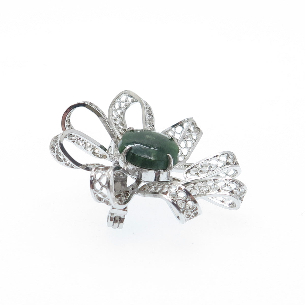 SORRENTO 925 Sterling Silver Vintage Real Jade Filigree Flower Pin Brooch