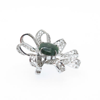 SORRENTO 925 Sterling Silver Vintage Real Jade Filigree Flower Pin Brooch