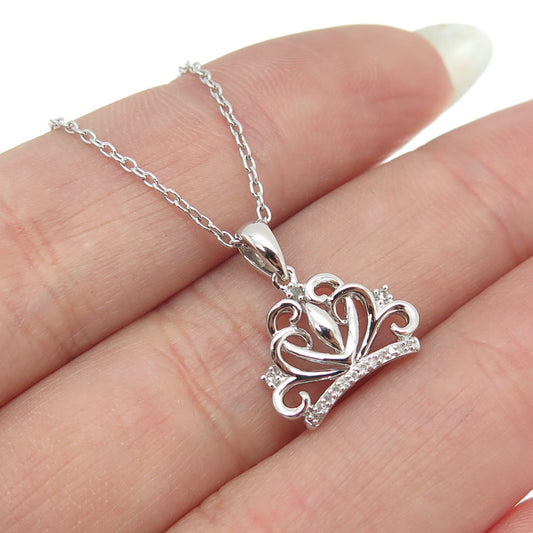 SUN 925 Sterling Silver Real Round-Cut Diamond Heart Crown Chain Necklace 16-18"