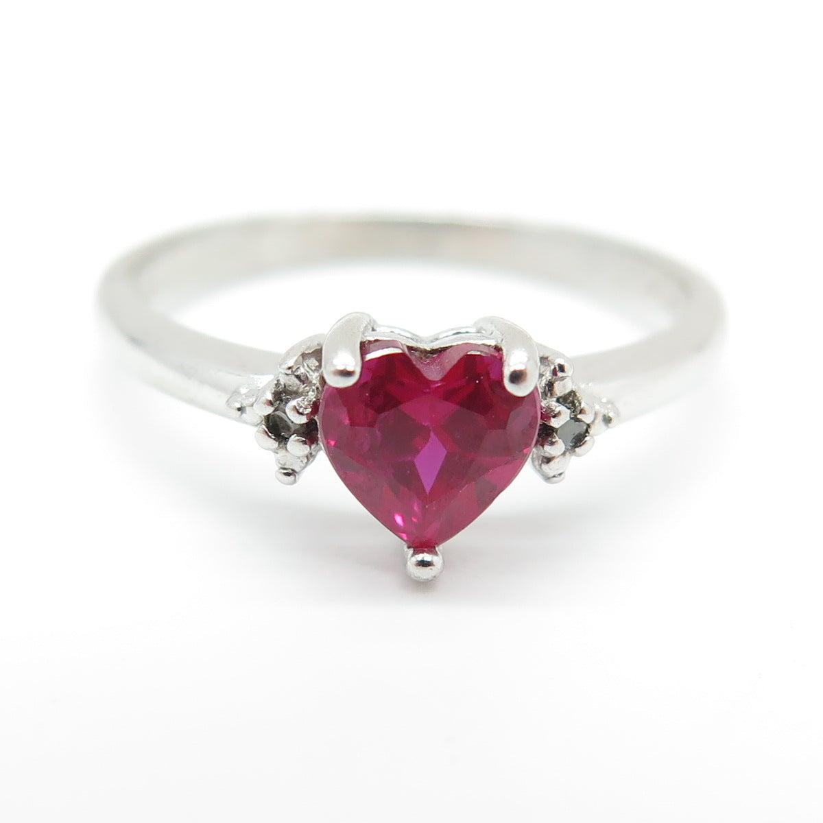 ROSS SIMONS 925 Sterling Silver Real Diamond Lab-Created Ruby Heart Ring Size 9