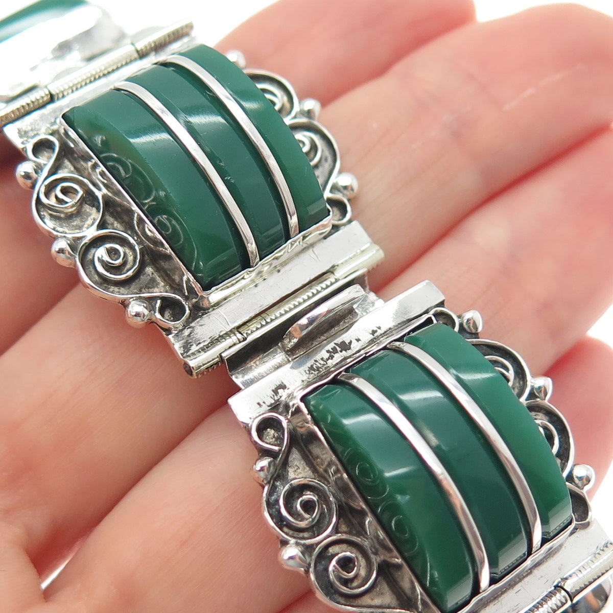 925 Sterling Silver Vintage Mexico Real Green Onyx Panel Link Bracelet 6.75"