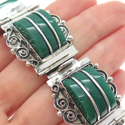 925 Sterling Silver Vintage Mexico Real Green Onyx Panel Link Bracelet 6.75"