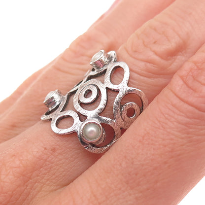 925 Sterling Silver Vintage Real Pearl Modernist Swirl Oxidized Ring Size 7.5