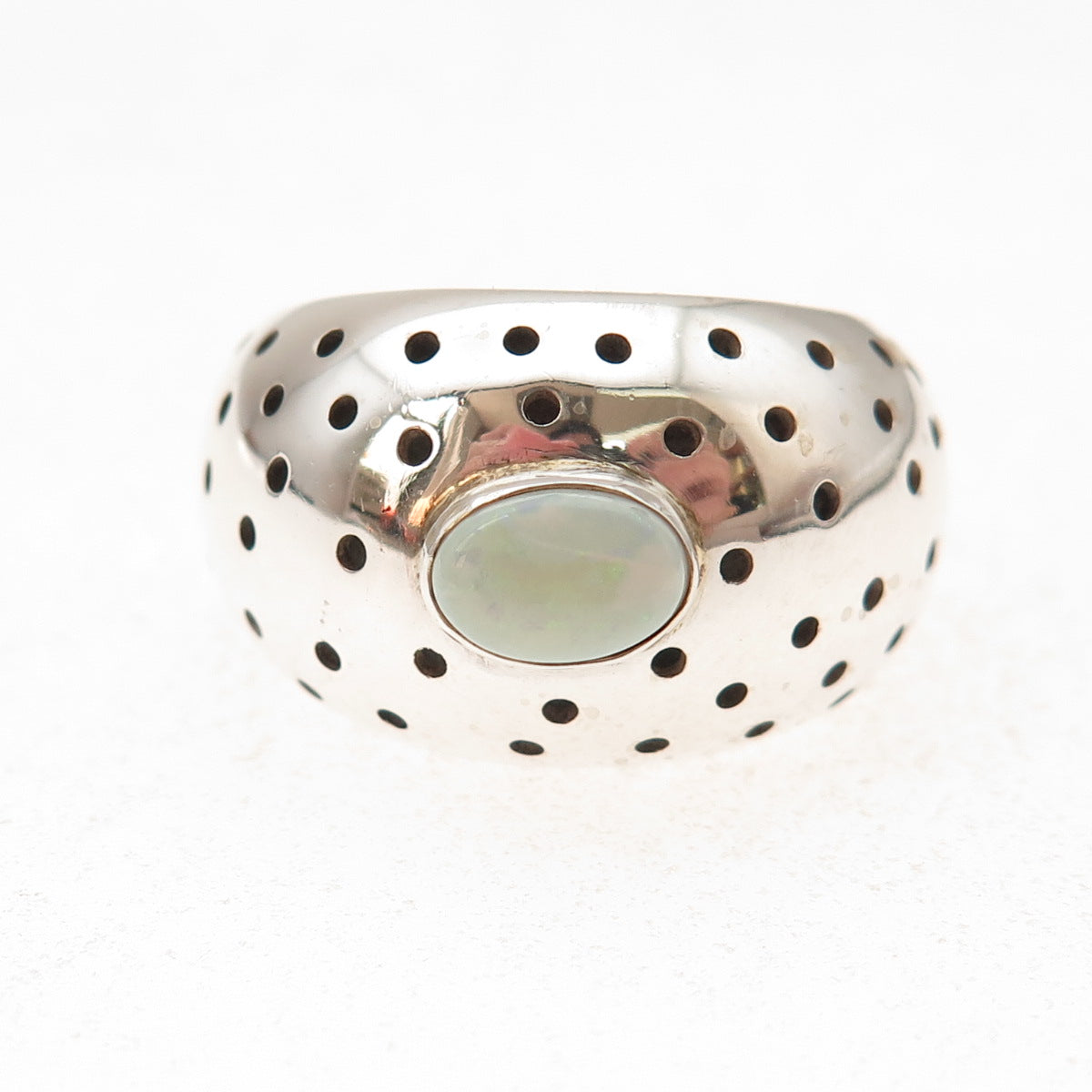 925 Sterling Silver Vintage Real Opal Modernist Dotted Oxidized Ring Size 8