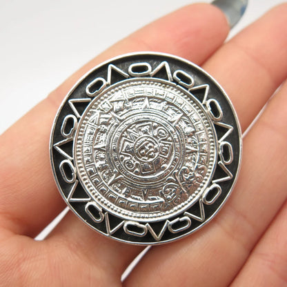 925 Sterling Silver Vintage Mexico Aztec Calendar Pin Brooch / Pendant