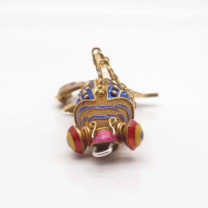 925 Sterling Silver Gold Plated Antique Enamel Chinese Koi Fish Pendant / Fob