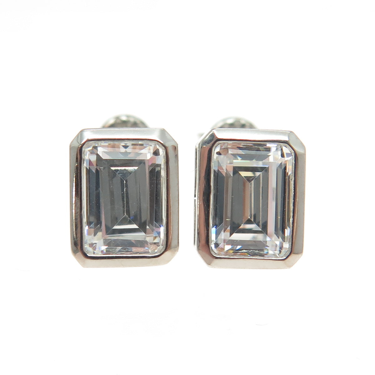 925 Sterling Silver Emerald-Cut C Z Stud Earrings