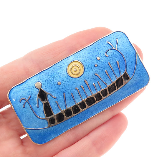 Nora Guldbrandsen David Andersen Sterling Vintage Enamel Rock Carving Pin Brooch
