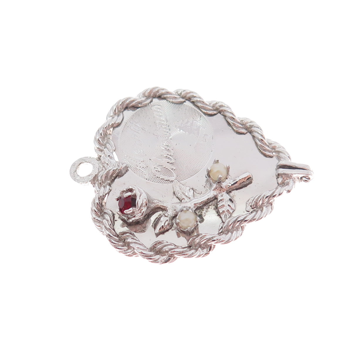 925 Sterling Silver Vintage Real Red Garnet Pearl Merry Christmas Heart Pendant
