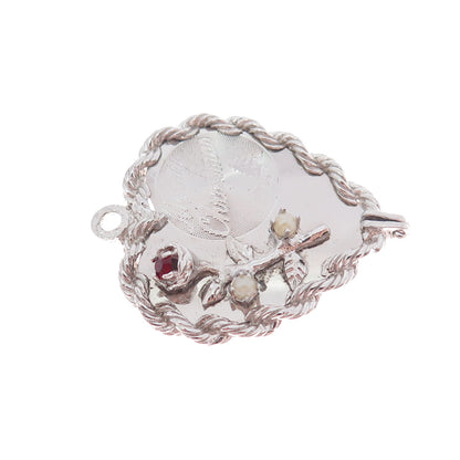 925 Sterling Silver Vintage Real Red Garnet Pearl Merry Christmas Heart Pendant