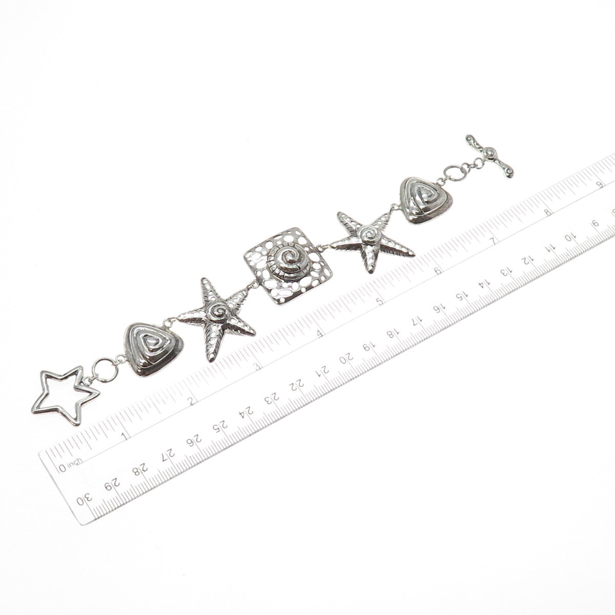 925 Sterling Silver Vintage Seashell Starfish Sea Life Charm Bracelet 6.75"