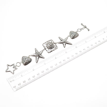 925 Sterling Silver Vintage Seashell Starfish Sea Life Charm Bracelet 6.75"