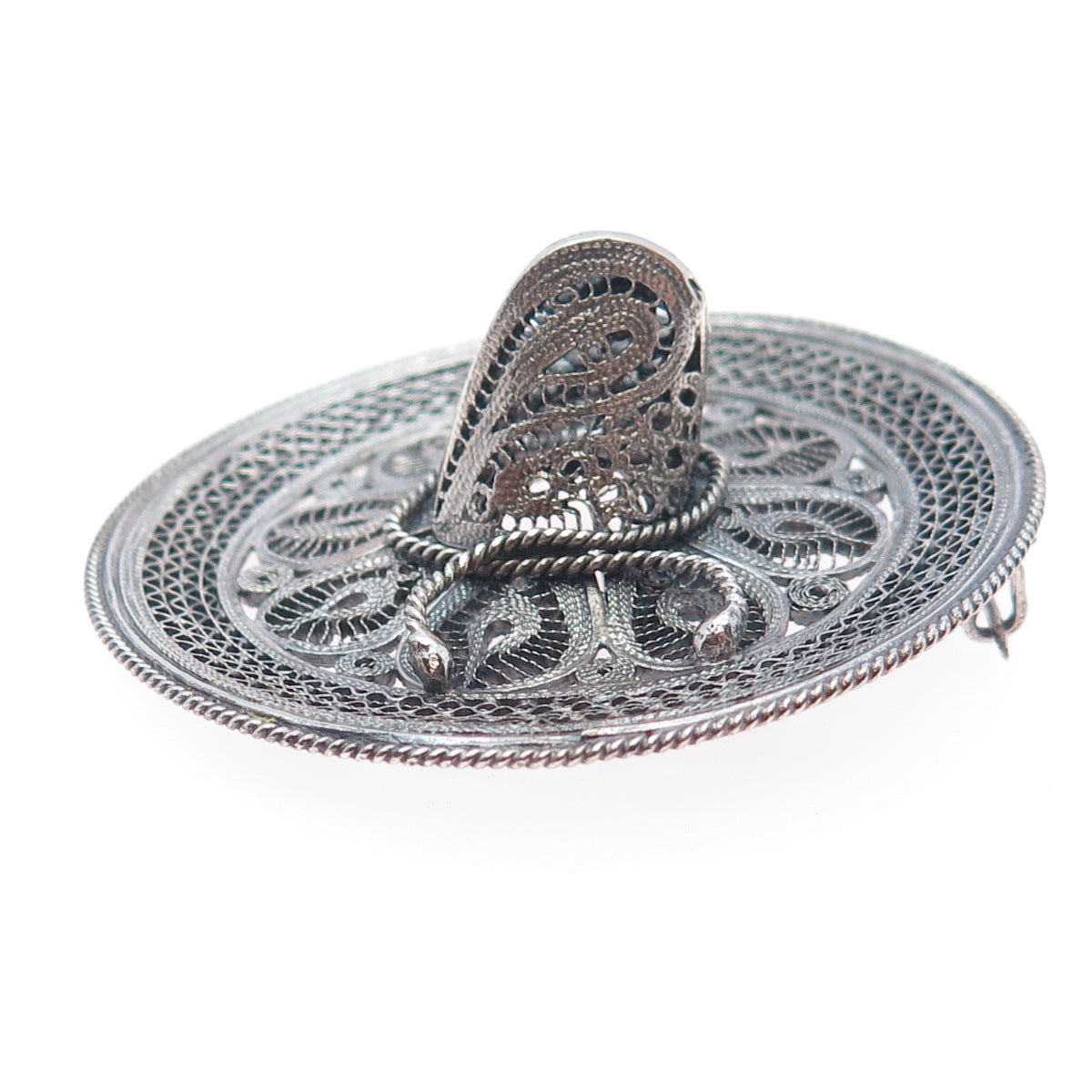 900 Silver Vintage Mexico Sombrero Hat Filigree Oxidized Pin Brooch