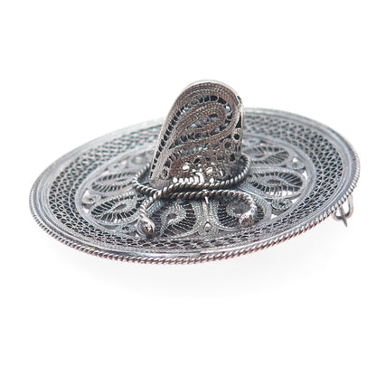 900 Silver Vintage Mexico Sombrero Hat Filigree Oxidized Pin Brooch