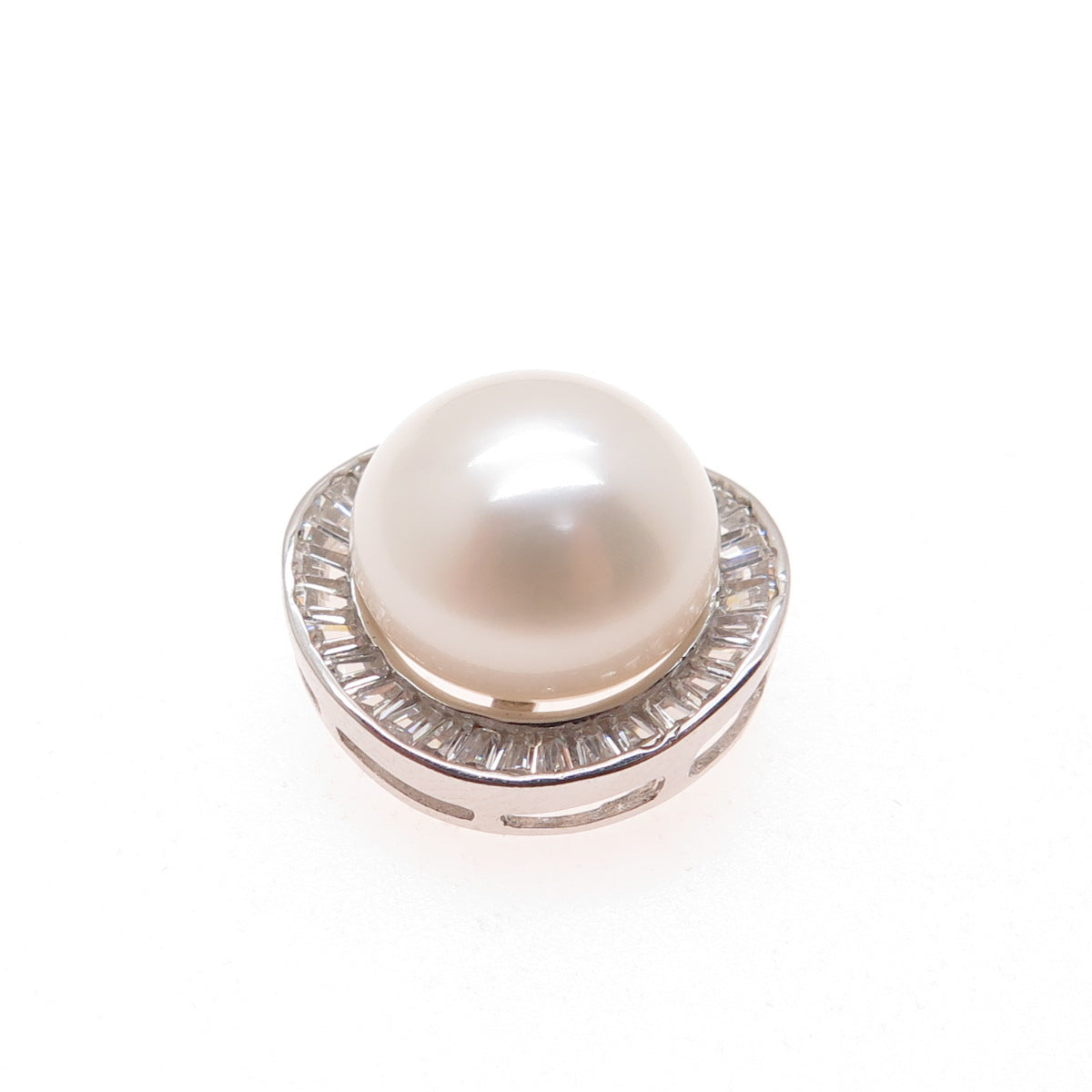 925 Sterling Silver Real Pearl & Tapered Baguette-Cut C Z Slide Mini Pendant