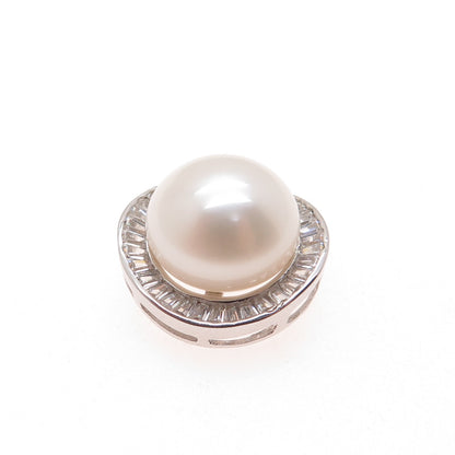 925 Sterling Silver Real Pearl & Tapered Baguette-Cut C Z Slide Mini Pendant