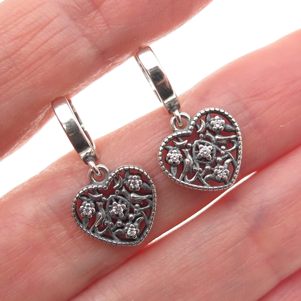 925 Sterling Silver Round-Cut C Z Ornate Heart Charm Hoop Earrings