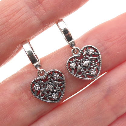925 Sterling Silver Round-Cut C Z Ornate Heart Charm Hoop Earrings