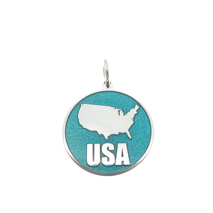 925 Sterling Silver Turquoise Enamel USA Map Round Tag Minimalist Charm Pendant