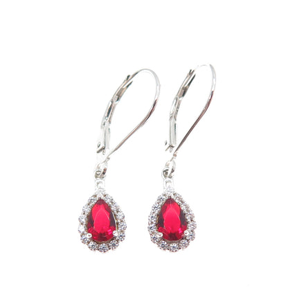 DSMK 925 Sterling Silver Real Red Garnet & C Z Teardrop Dangle Earrings