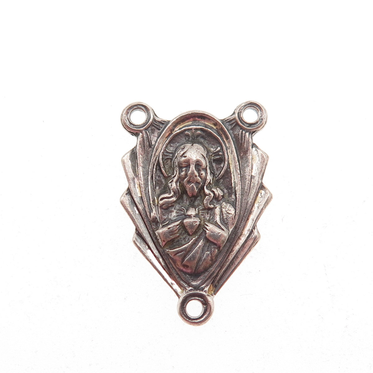 925 Sterling Silver Antique Art Deco Jesus Sacred Heart Rosary Chain Pendant