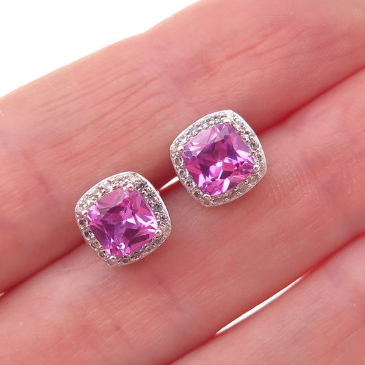 925 Sterling Silver Real Pink & White Topaz Stud Earrings