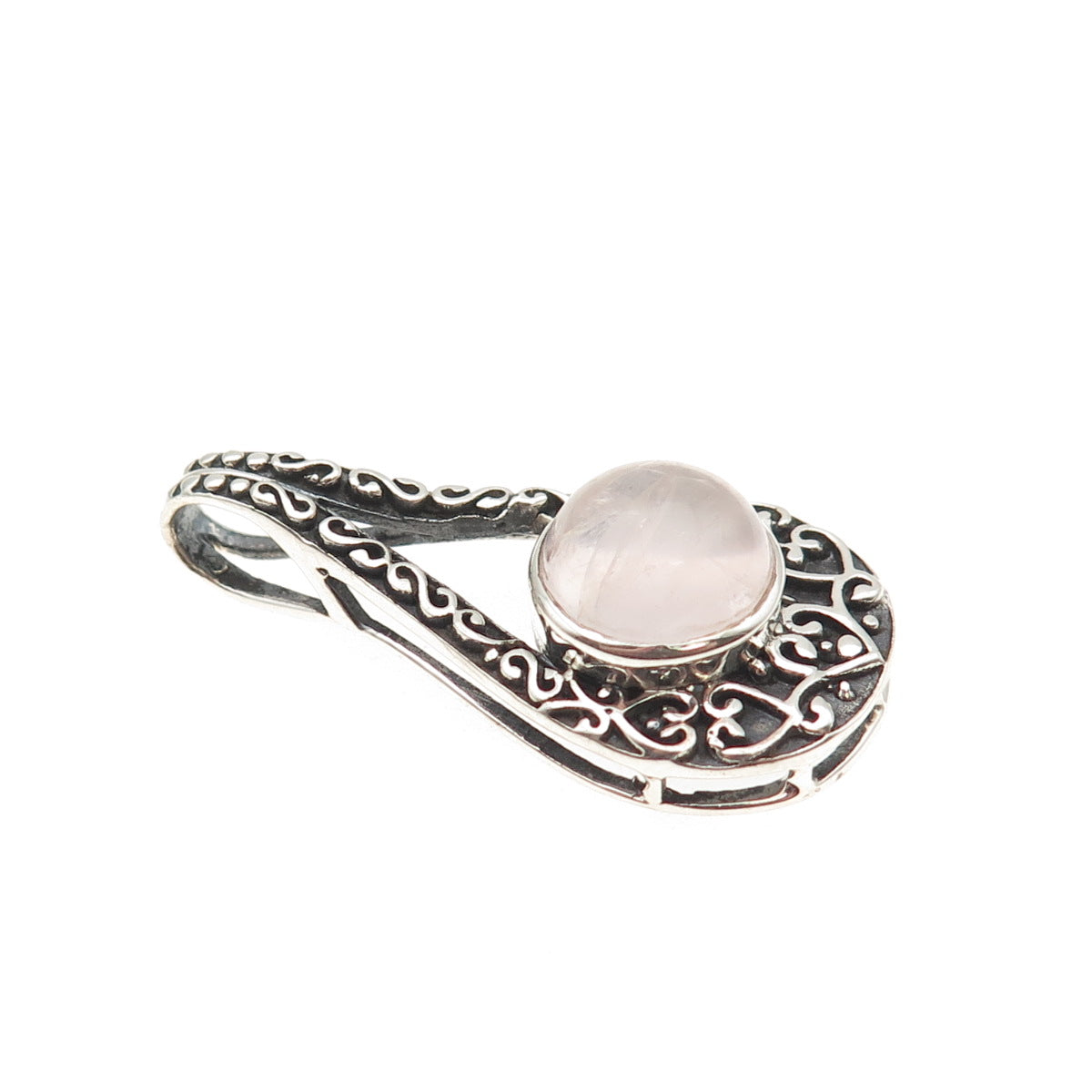 925 Sterling Silver Vintage Real Rose Quartz Heart Ornate Oxidized Slide Pendant