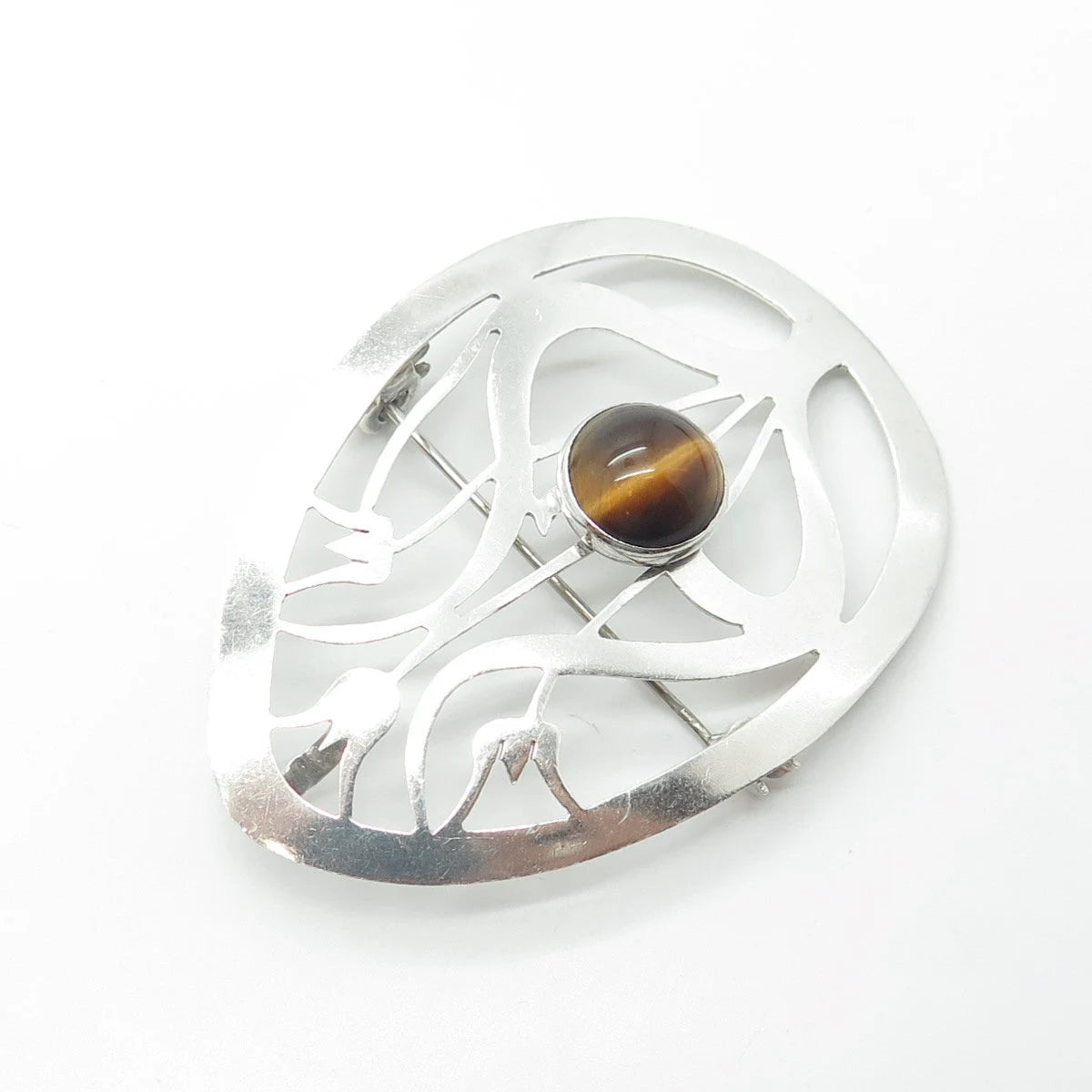 925 Sterling Silver Vintage Israel Real Tiger's Eye Floral Pin Brooch