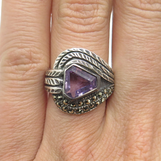 925 Sterling Silver Vintage Real Amethyst & Marcasite Oxidized Ring Size 6.5