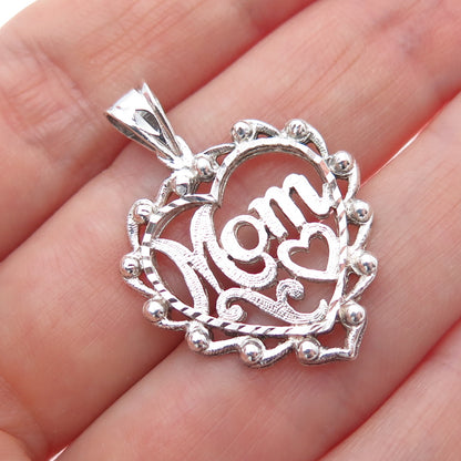 925 Sterling Silver Vintage Mom Heart Charm Pendant