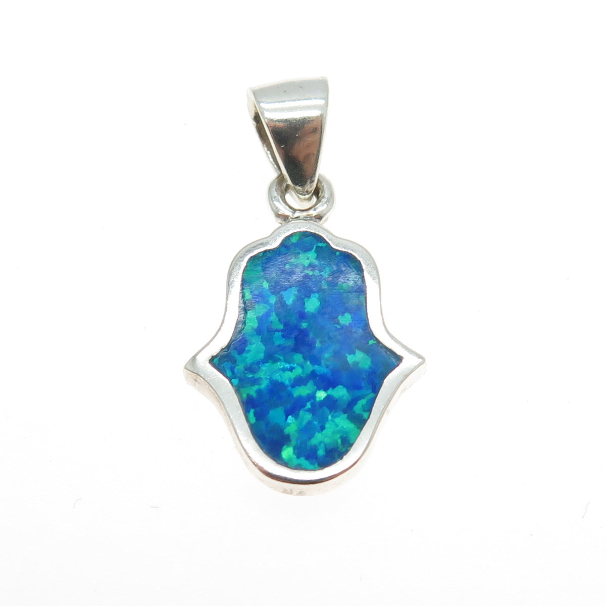 925 Sterling Silver Real Opal Gem Inlay Hamsa / Hand of Fatima Pendant