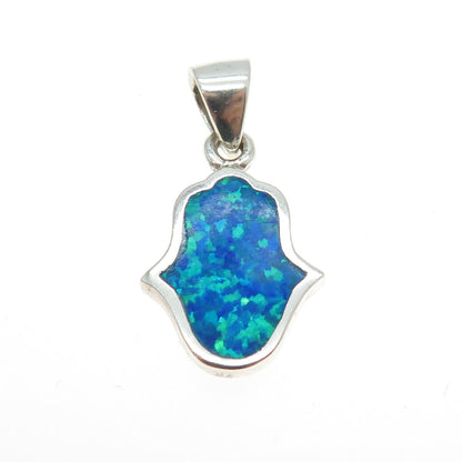 925 Sterling Silver Real Opal Gem Inlay Hamsa / Hand of Fatima Pendant