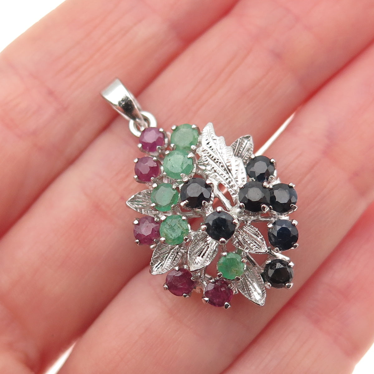 925 Sterling Silver Vintage Real Ruby Emerald & Sapphire Floral Charm Pendant