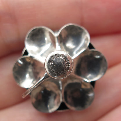 925 Sterling Silver Vintage Modernist Rose Flower Oxidized Screw Back Earrings