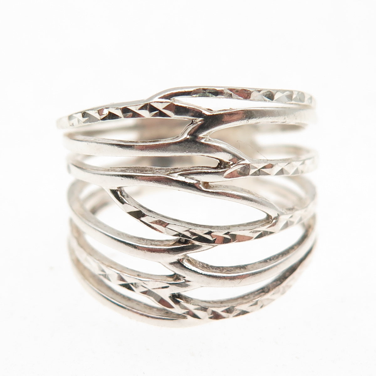 925 Sterling Silver Vintage Diamond-Cut Multi-Row Ring Size 8