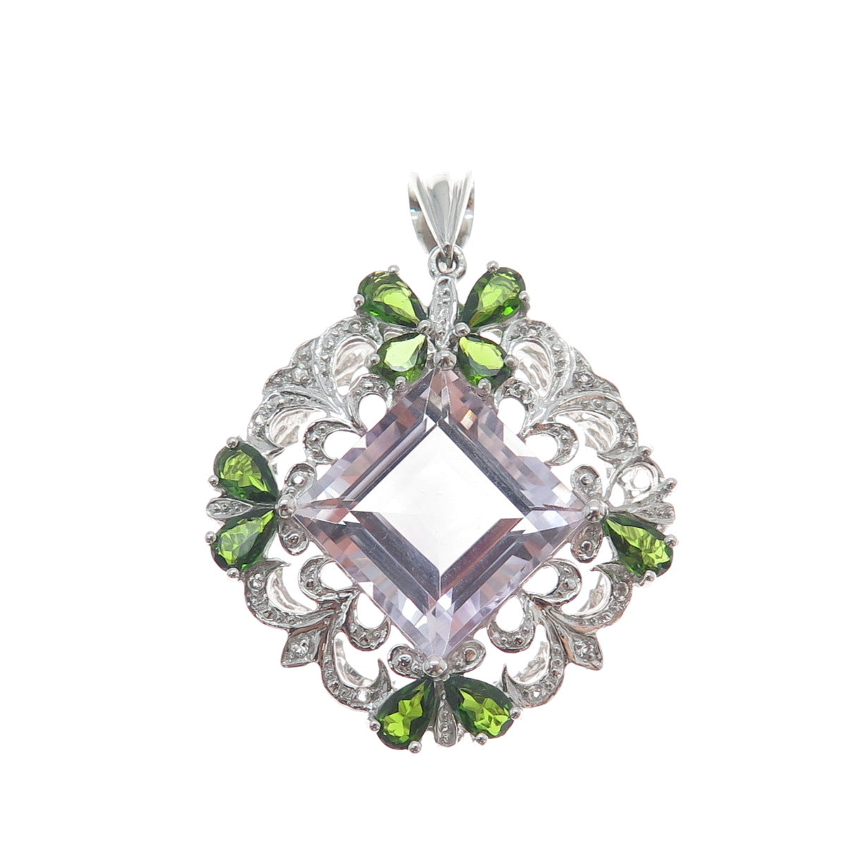 925 Sterling Silver Real Amethyst Green Tourmaline & White Topaz Pendant