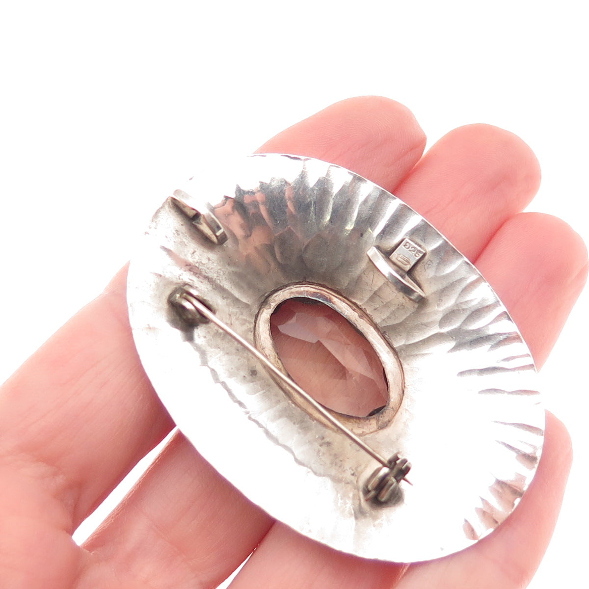 925 Sterling Silver Vintage Real Smoky Quartz Modernist Pin Brooch / Pendant