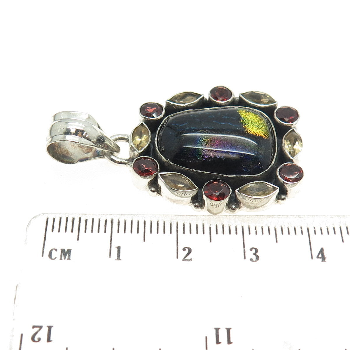 925 Sterling Silver Vintage Dichroic Glass Citrine Red Garnet Modernist Pendant