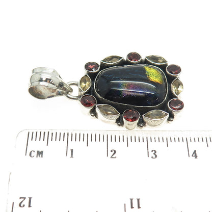 925 Sterling Silver Vintage Dichroic Glass Citrine Red Garnet Modernist Pendant