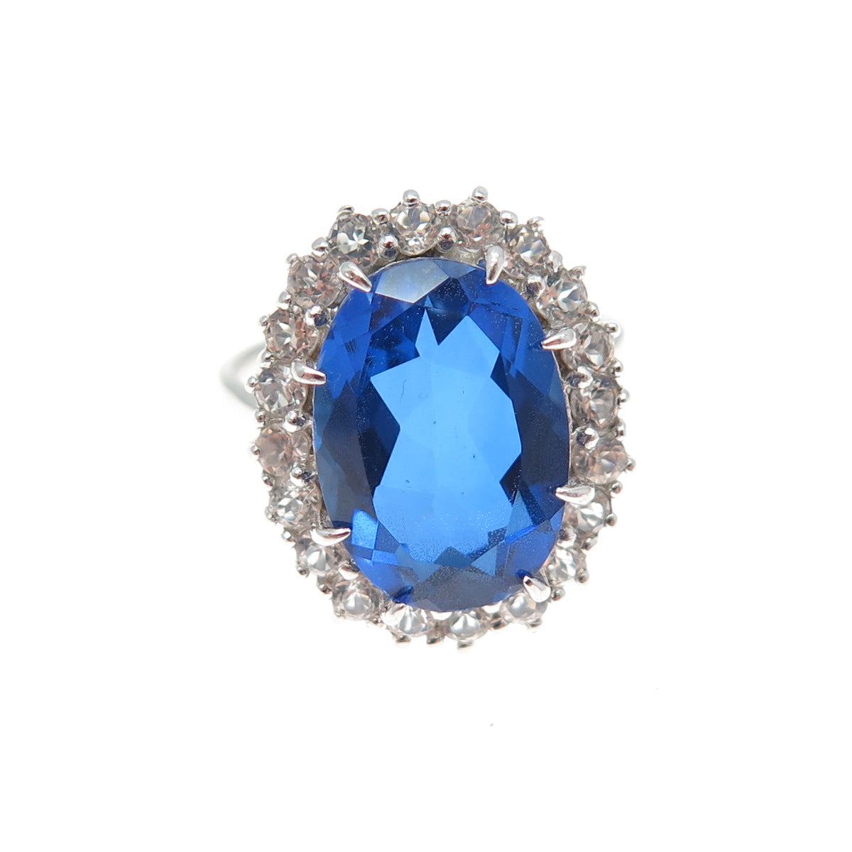 925 Sterling Silver Real White Topaz & Blue C Z Royal Dreams Ring Size 7.25