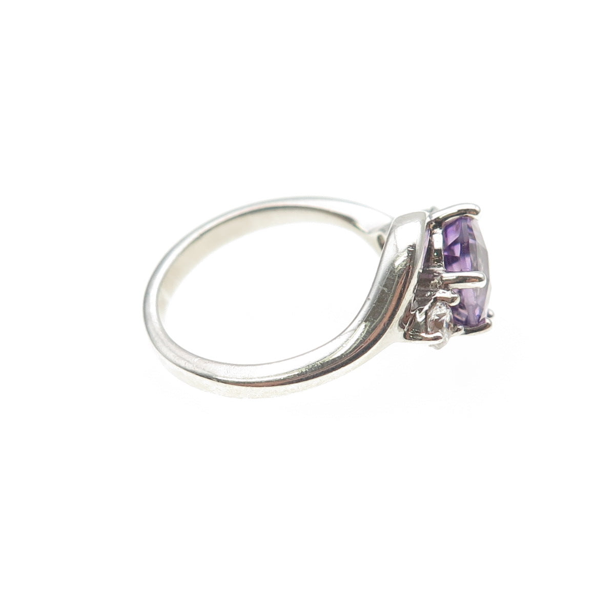 925 Sterling Silver Real Round-Cut Amethyst & C Z Ring Size 5