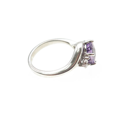 925 Sterling Silver Real Round-Cut Amethyst & C Z Ring Size 5