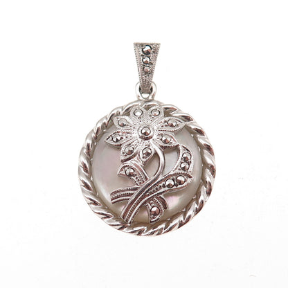 925 Sterling Silver Antique Art Deco Real MOP & Marcasite Floral Charm Pendant