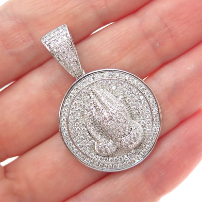 925 Sterling Silver Round-Cut C Z Prayer Hands Sparkle Charm Pendant