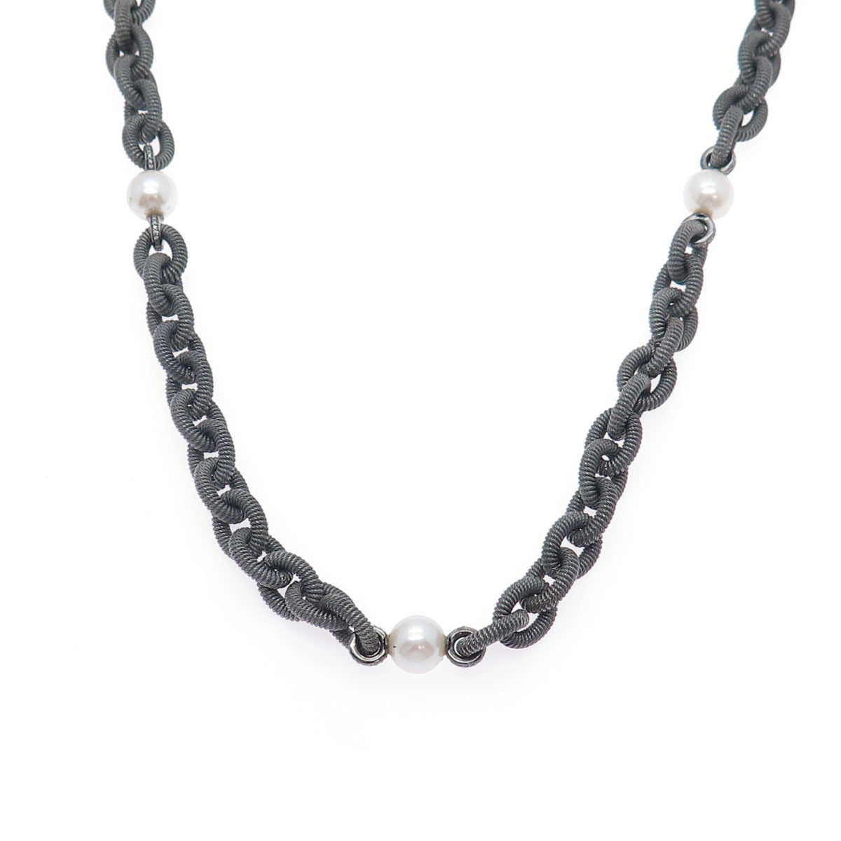 925 Sterling Silver Black Rhodium Vintage Real Diamond Pearl Chain Necklace 32"